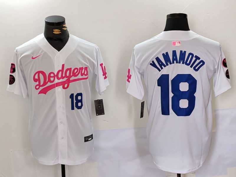 Men%27s Los Angeles Dodgers #18 Yoshinobu Yamamoto White Pink Vin & Kobe Patch Stitched Baseball Jersey